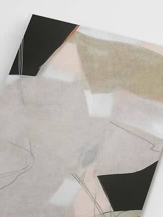 Abstract art print with soft beige and white blocks, black shapes and fine sketch lines