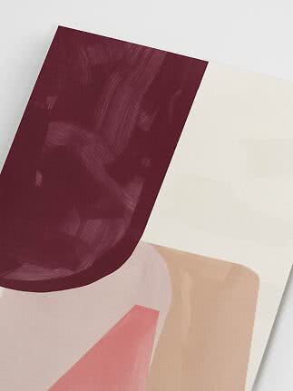 Abstrakt plakat med mørk bordeaux form og bløde beige og rosa felter