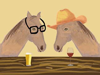 Illustration af to heste ved et bord, en med briller og øl, den anden med cowboyhat og vinglas