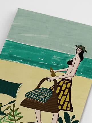 Illustration of woman on beach with woven bag, bottle, and sea in the background
