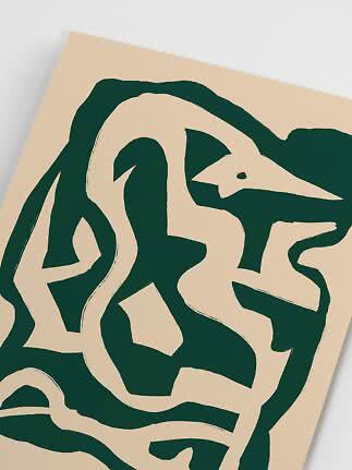 Abstract poster with dark green organic lines on a beige background