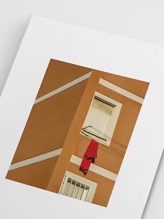 Art print of an orange building facade with windows, clothesline and red cloth