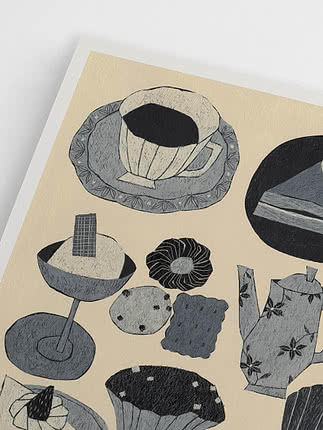 Illustration of a cup and saucer with pastries and coffee pot in black, gray and cream