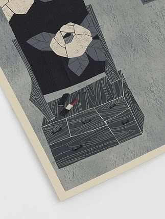 Illustration d'une commode sombre avec fleur blanche et rouge à lèvres sur fond gris