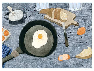 Illustration af spejlæg i pande med brød, æg og gryde på et bord