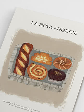 Illustrazione di pani e dolci francesi in un cestino con la scritta "LA BOULANGERIE"
