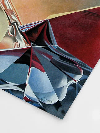 Abstract art print with sharp geometric shapes in red, blue, black and beige