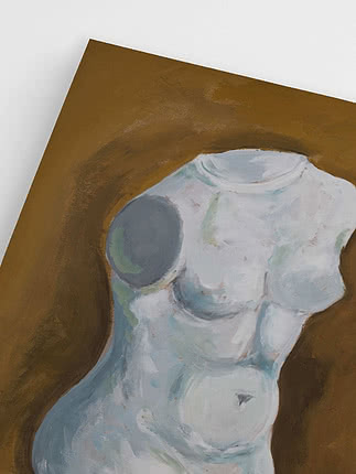 Abstract painting of a white headless torso on a brown background