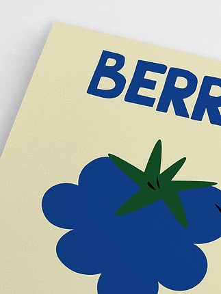 Primer plano de póster con ilustración de baya azul y texto parcial arriba