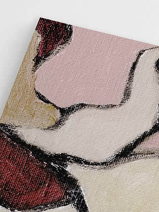 Närbild av abstrakt konsttryck i rosa, kräm, beige och mörkrött mot vit bakgrund