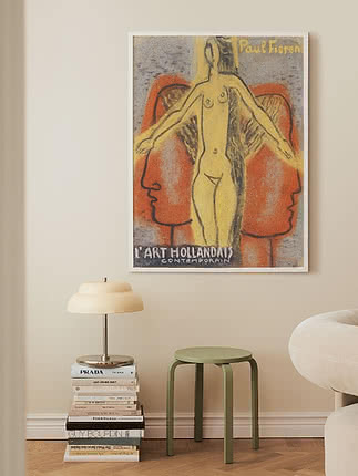 Framed art poster with abstract nude figure and red faces on a beige wall