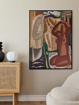 Framed abstract painting with three figures above a light wood cabinet in a modern room
