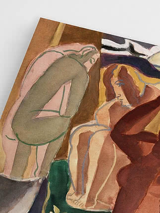 Abstract painting of three standing human figures in muted earth tones