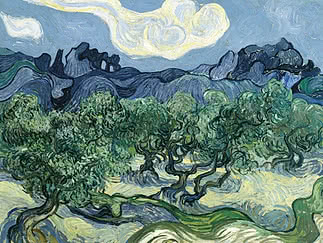 Pintura de olivos retorcidos, colinas azules y nubes blancas bajo un cielo ondulante