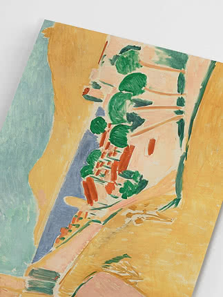 Abstract painting with yellow fields, green shapes, and blue areas in soft brushstrokes