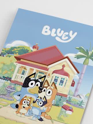 Bluey poster with Bluey, Bingo and family in front of a yellow house