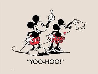 Mickey en Minnie Mouse in retrostijl op beige achtergrond met de tekst “YOO-HOO!”