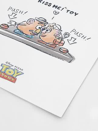 Disney Pixar Toy Story print with Mr. and Mrs. Potato Head on a seesaw and “Kiss Me! Toy” text.