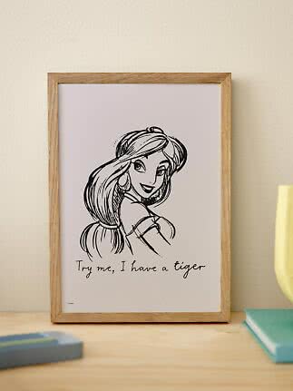 Gerahmtes Disney-Poster mit Jasmine-Zeichnung und dem Text „Try me, I have a tiger“