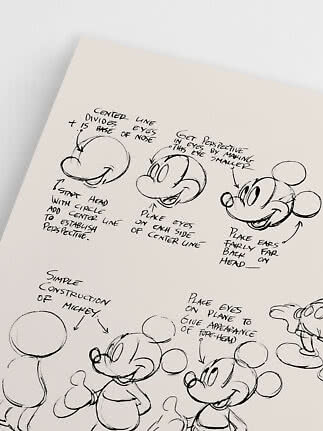 Skizzenseite mit handgezeichneten Schritten zum Zeichnen von Micky Maus und handschriftlichen Notizen