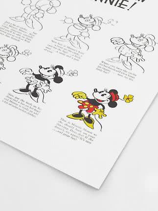 Poster met stapsgewijze Minnie Mouse-tekening en afgewerkte figuur in rood, geel en zwart.