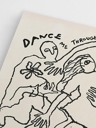 Abstrakt svart linjeteckning på beige bakgrund med figurer, händer och texten "DANCE ME THROUGH"