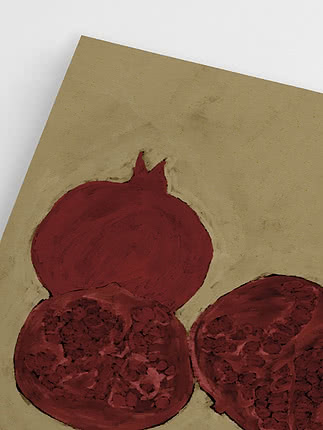 Peinture d’une grenade entière et de deux moitiés sur fond beige