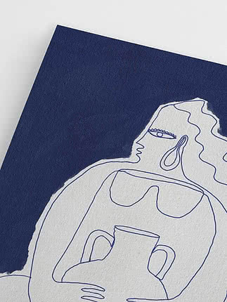 Abstract canvas with blue background and white line drawing of a person holding a mug