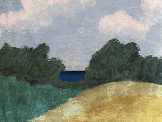 Painterly landscape with dark trees, pale blue sky, soft clouds, and a golden field in front