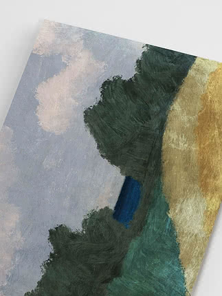 Close-up of painting with trees, blue sky with clouds, and golden field