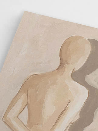 Abstrakt målning i beige toner av en sittande människogestalt sedd bakifrån