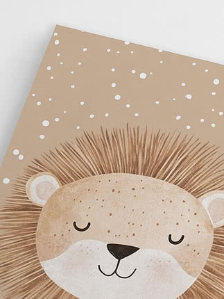 Affiche avec lion endormi en tons beiges et points blancs sur fond clair