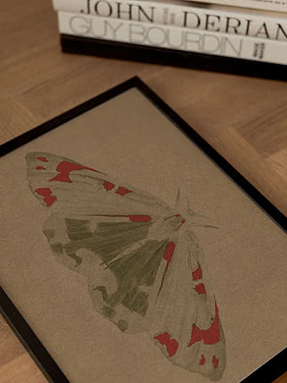 Red Moth print in a black frame lying on a herringbone floor beside a stack of large art books