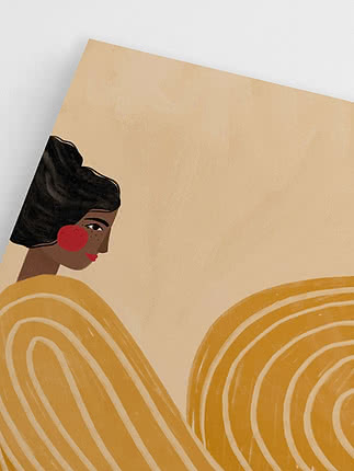 Close-up of the profile and the red cheek, with the ochre lines curving away across the cream ground