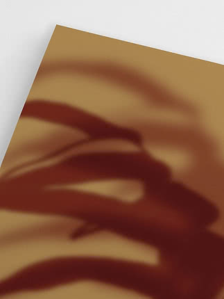 Close-up of the blurred oxblood leaves sweeping across the ochre ground, where the shadow softens towards the top corner