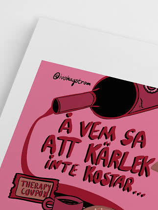 Affiche rose avec texte suédois, sèche-cheveux et illustration de ticket sur fond blanc