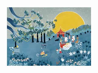 Illustration av månskensfest i blå skog med figurer vid bord och musiker i träd