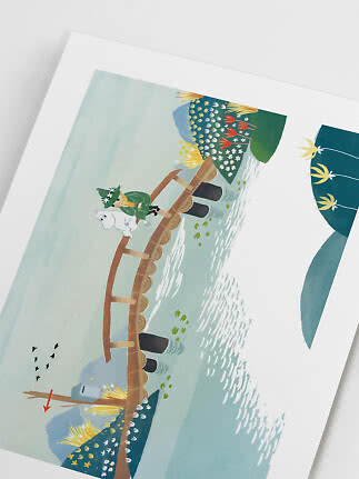 Illustration of a figure and white hippo on a wooden bridge over water with flowers and reeds