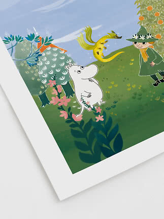 Illustrated poster with Moomin, Snufkin and a yellow dragon in a flowering garden