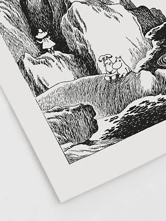Sort-hvid illustration af to figurer på klipper ved vandfald.