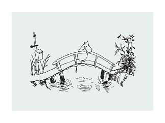 Drawing of a Moomin on a small bridge over water, with reeds and a dragonfly.