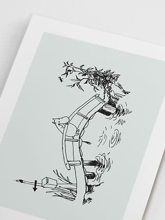 Framed art print with simple black line drawing of a curved bench by water and a tree