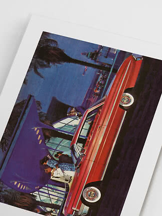 Poster of a red vintage car outside a purple building with palm trees at night