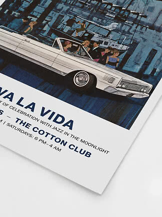 Poster with vintage illustration of a white convertible with partygoers at a marina at night