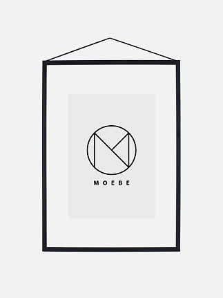 Black hanging frame with white mat and MOEBE logo insert.