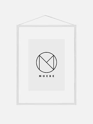 White hanging picture frame with minimalist MOEBE logo on a light background