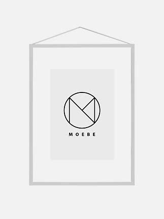 Silver picture frame with hanging cord and MOEBE logo on white background