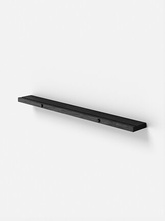 Black wooden wall shelf with two pegs on a white background