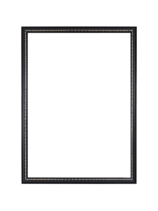 Rectangular wall mirror with black ornate frame and beveled edges