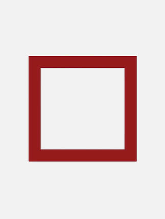 Passepartout quadrato in rosso disteso in piano, con un’apertura quadrata dal taglio smussato al centro